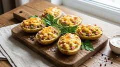 Plněné pečené brambory v alobalu: krémová náplň se šunkou, sýrem a okurkami